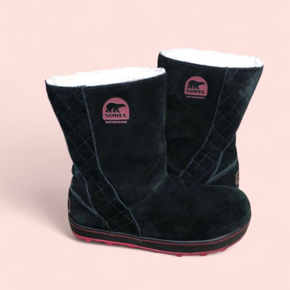Sorel Boots Waterproof Black Suede Sherpa Lined Pink 1975-010 Women's Size 8